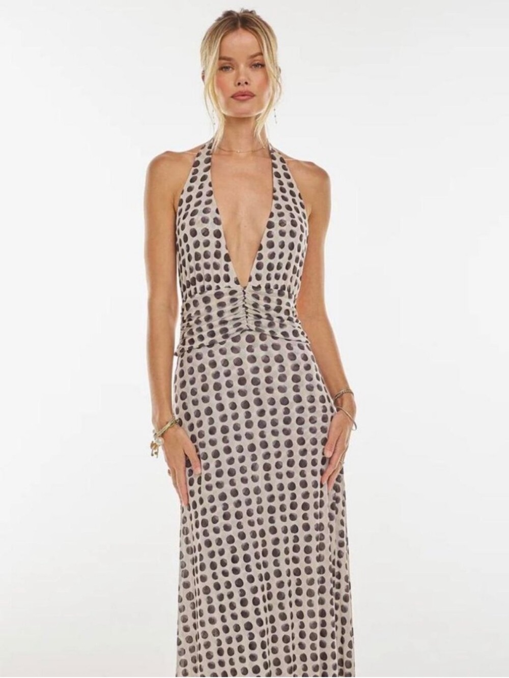 Resa Plunging Halter Polka Dot Maxi Dress in Taupe and Black